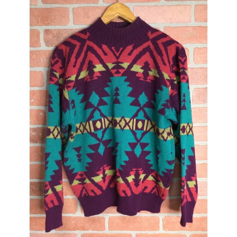 Vintage womens sweater size M southwestern Aztec design acrylic mock neck